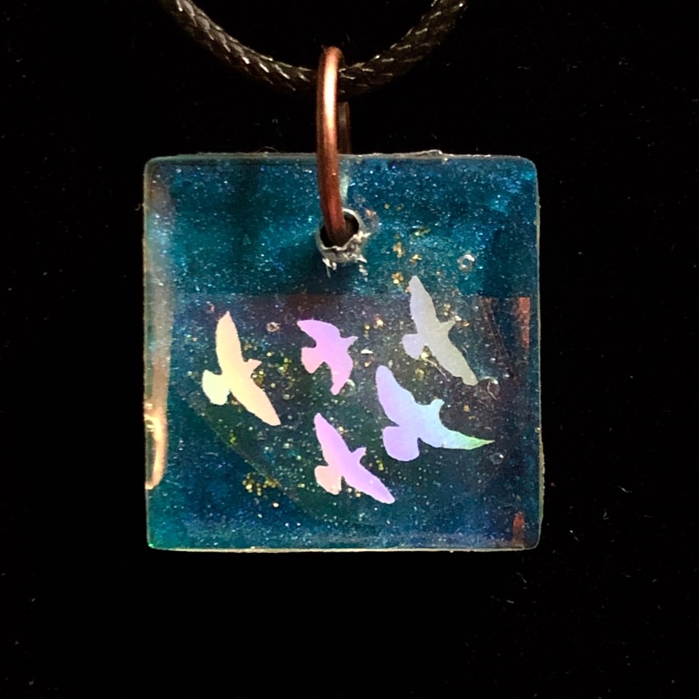 Holographic Birds 3D Ocean Resin Art Pendant
